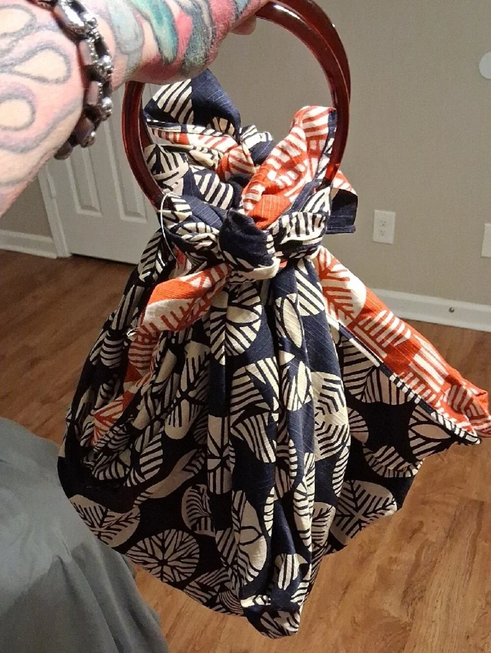 Navy and Cream Patterned Women’s Shoulder Bag with Knot Detail